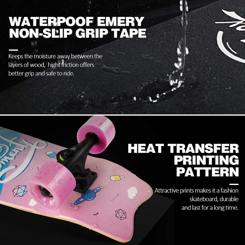 BELEEV Cruiser Skateboards for Beginners, 27 Inch Complete Skateboard for Kids Ages 3-12, Teens Adults, 7 Ply Canadian Maple Double Kick Deck Concave Trick Skateboard (Pink) - Image 5